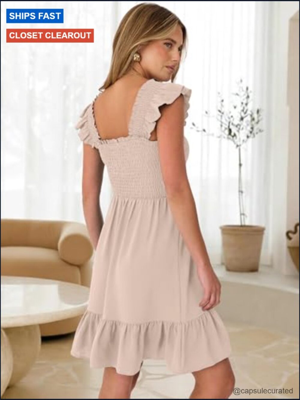 Sleeveless Square Neck Sun Dress Smocked Ruffle Backless Boho Short Dress - Picture 4 of 7